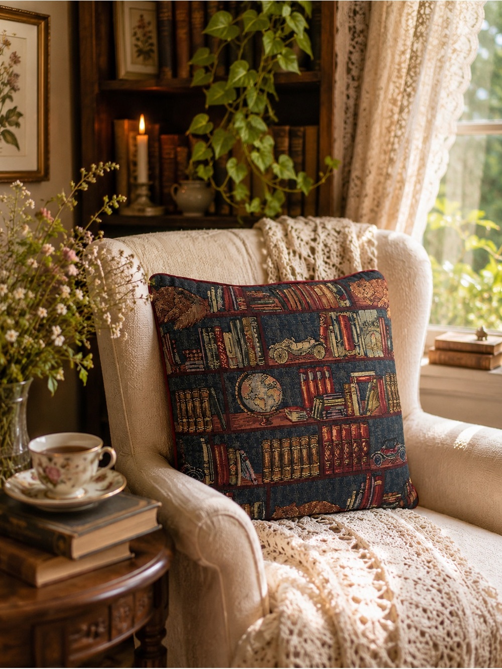 Vintage Library Bookshelf Tapestry Pillow Dark Academia Cottagecore 15"